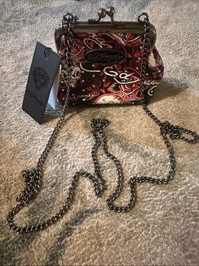 Mini Ed Hardy Red and Black Floral Skull Chain Crossbody Coin Bag